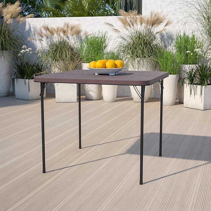 Flash Furniture Dunham 2.83-Foot Square Bi-Fold Brown Wood Grain Plastic Folding Table with Carrying Handle
