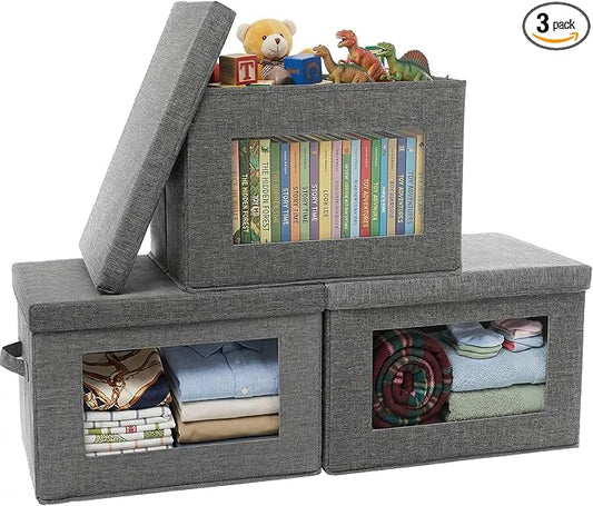 3-Pack Collapsible Storage Bins with Lids, Linen Fabric Foldable Storage Boxes, Cube Closet Organization for Clothes, Blankets and Books, Gray