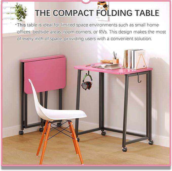 4NM 23.6" Mobile Small Folding Desk, Foldable Rolling Computer Home Office Desk, Study Writing Table for Small Space Saving Bedroom, with Wheels - Pink and Black