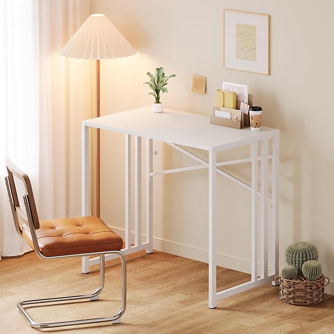Lutown-Teen Small Folding Desk 35 inch, No Assembly Required Narrow Office Desk, Writing Gaming Computer Camping Table, White
