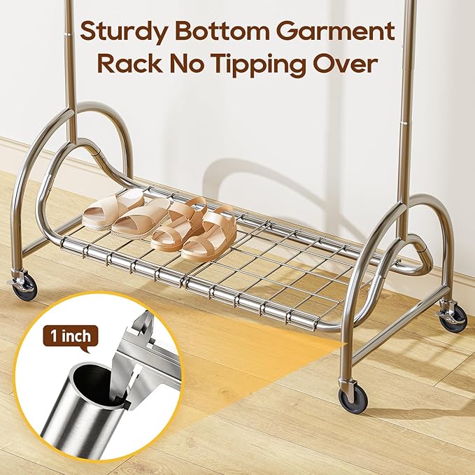 TigerParty Heavy Duty Clothes Rack for Hanging Clothes, Adjustable 2-Tier Rods Garment Rack with 750LBS Load Capacity, Freestanding Clothing Rack with Wheels & Bottom Storage Shelf