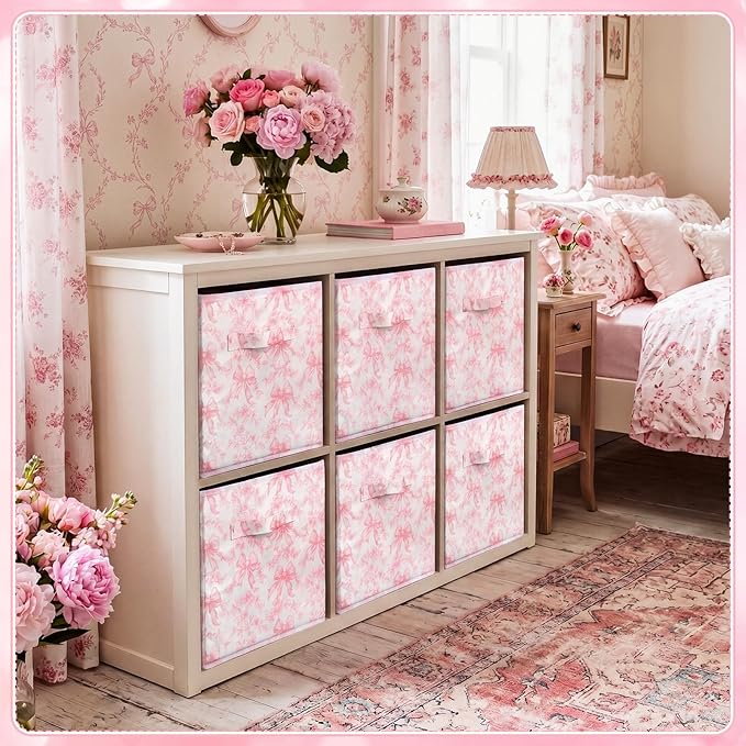Geelin 6 Pcs Pink Floral Bow Cube Storage Bins 11 Inch Pink Flower Storage Basket with Handle, Preppy Girls Organizer Basket, Collapsible Fabric Box for Classroom Bedrooms Office Home Decoration Gift