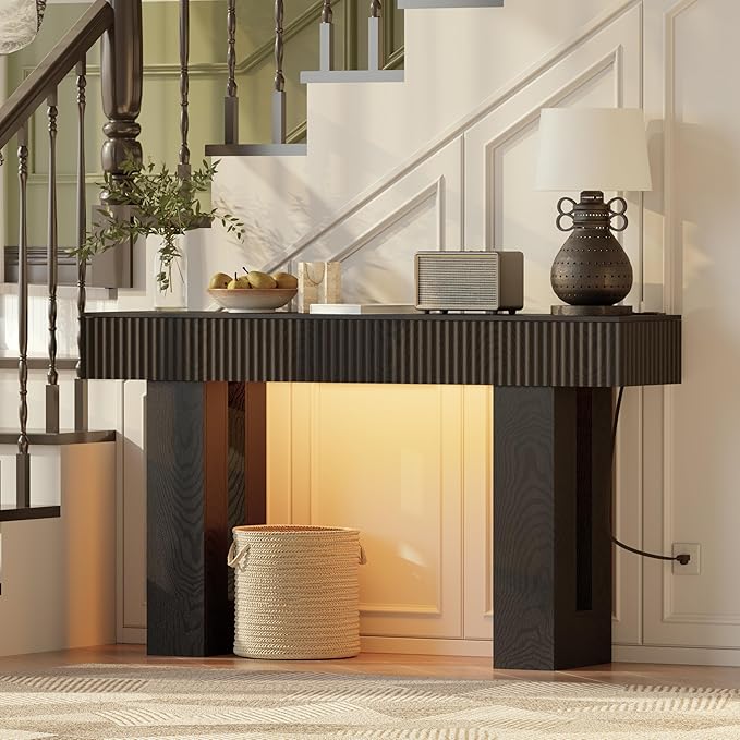 60-Inch Long Entryway Table with Built-in Power Outlet and App & Button-Controlled RGB Light, Thick Wood Farmhouse Console Table for Behind Sofa, Narrow Hallway, Living Room, Foyer, Entrance, Black