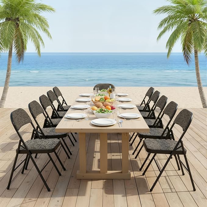 DUMOS 4 Pack Folding Chairs with Padded Cushion and Back - Fabric Stackable Portable Dining Chairs Set, for Home and Office, Conference, Wedding, Party, Patio, Garden, for Indoor Outdoor, Black Grey