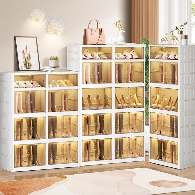 CIMLORD 5-Tier Foldable Shoe Rack Organizer for Closet 10Pairs Plastic Collapsible Shoes Storage Box Clear Shoe Boxes Stackable with Door Easy Assembly Shoe Cabinet Bins with Lids Large