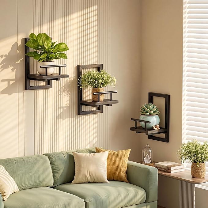 Sbosbo Floating Shelves for Wall, Plant Shelf Indoor, Wall Planters for Indoor Floating Plant Shelves for Bedroom, Living Room, Kitchen, Office, Bathroom Decor (Black, 3 Pack)