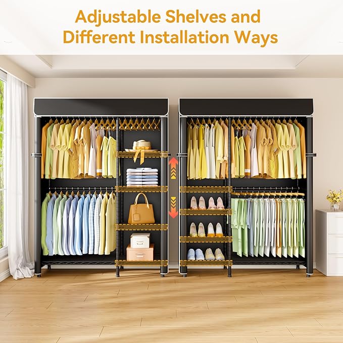ULIFHOME F2C Clothes Rack with Cover, Clothing Racks for Hanging Clothes, Heavy Duty Garment Rack with Shelves and Hanger Rods, Black Closet with Black Cover, 47.2" W x 16.5" D x 78.3" H, Load 630lbs