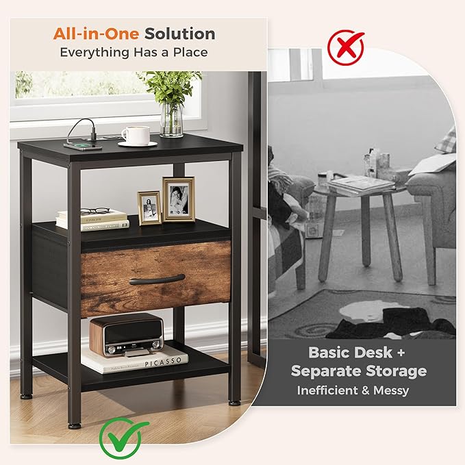 DUMOS Bedside Table with Charging Station and Adjustable Fabric Drawer Compact Nightstand 3-Tier Storage Organizer End Table for Bedroom,Black and Brown