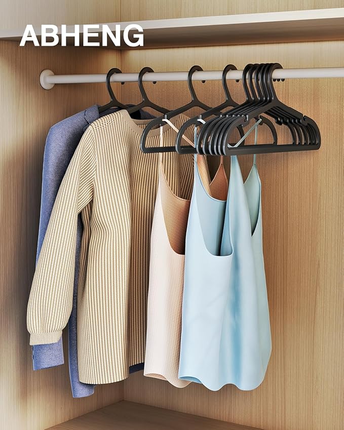 ABHENG 50 Pack Clothes Hangers, Non Slip Plastic Coat Hangers, Space Saving Hangers, Heavy Duty, Hanging Dry Wet Clothes,16.4" x 8.3", Black, UAPY0550B