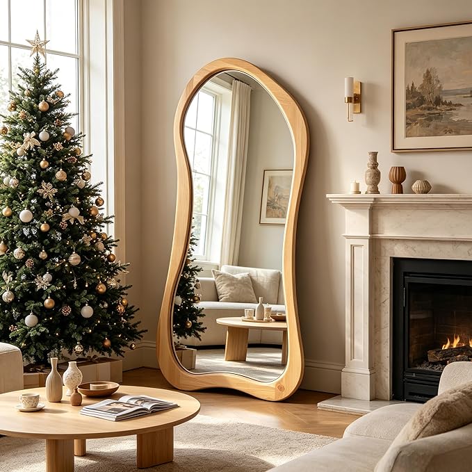 Large Irregular Mirror, 67"x31.5" Asymmetrical Full Length Mirrors with Solid Wood Frame, Organic Aesthetic Floor Mirror for Living Room Entryway Hallway Cloakroom, Leaning/Hanging
