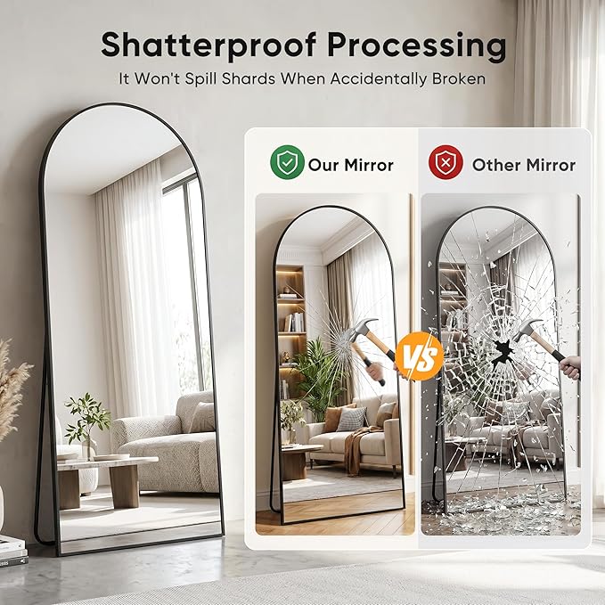 Full Length Mirror, 58"x21" Arched Floor Mirror Freestanding, Floor Standing Full Body Mirror with Stand for Bedroom, Hanging Mounted for Living Room Cloakroom, Black