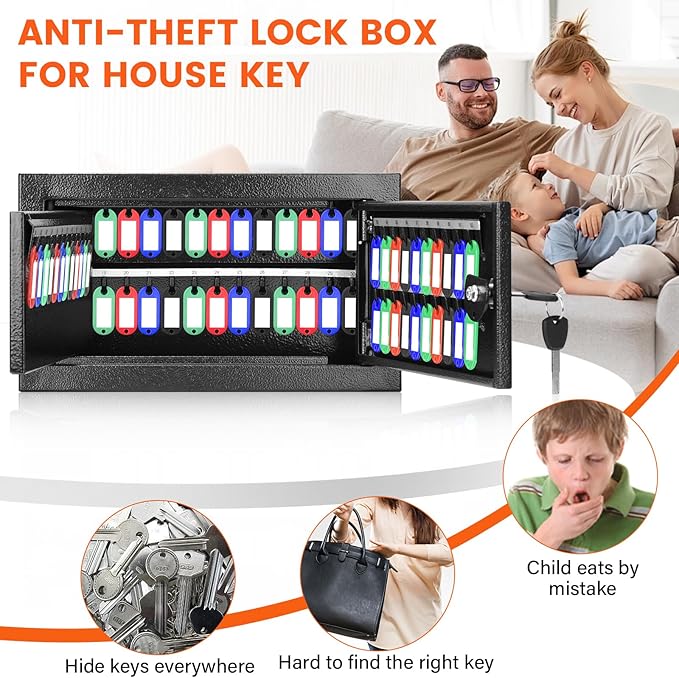 72 Keys Key Lock Box Wall Mount with 72 Numbered Hooks and 72 Colored Key Tags, Key Cabinet with Key Return Drop Slot, Key Storage Box for Home Hotel Office