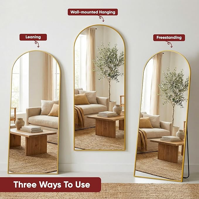 Antok Full Length Floor Mirror Arched Standing Mirror with Aluminum Frame - Freestanding Wall Mount Leaning Body Mirror for Bedroom Living Room Entryway, 71" L x 32" W, Gold