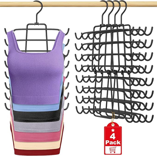 4Pcs Tank Top Hangers Space Saving Hanger Organizer Bra Hangers for Closet Organizer 360° Rotating Metal Closet Organizers and Storage Lingerie for Cami Bras Belts Swimsuits Lingeries Black