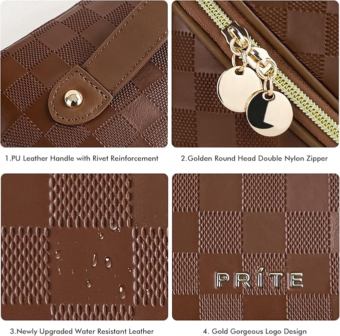 Prite Makeup Bag for Women Travel Waterproof Vegan Leather Cosmetic Bag Open Flat Toiletry Bag With Clear Divider and Handle (Plaid Brown, Medium)