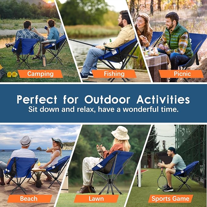 Raynesys 2 Pack Portable Camping Chair, Flexible 360° Rotation, 8 Seconds Quick Setup Folding Camping Chair, 3.8Lb Lightweight Travel Chairs for Easy Carry to Hiking, Sporting, Beach, Blue