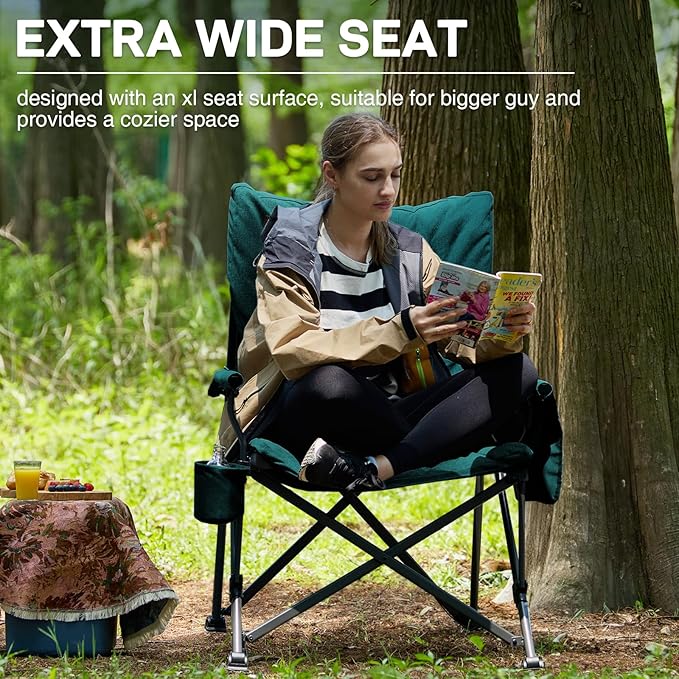 EVER ADVANCED Padded Oversized Folding Camping Chair for Adults, Heavy Duty Lawn Chair with Side Pockets, Portable Collapsible Quad Chair for Outside, Support Up to 500lbs, Green 2Pack