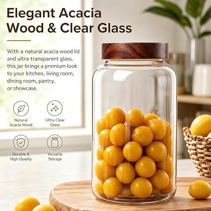 49 Fl oz/1450 ml Large Glass Jar with Wooden Screw On Lid, Wide Mouth Clear Airtight Container, Kitchen Storage Canister for Cookies,Coffee Pod,Bean,Cereal,Treat,Pickle,Biscuit,Candy