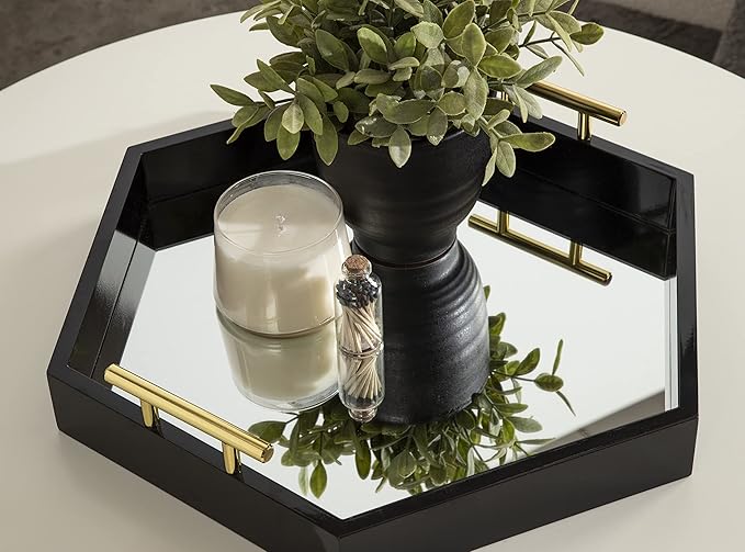 Kate and Laurel Lipton Modern Hexagon Mirrored Tray; 18 x 18; Black and Gold; Midcentury Decorative Serving Tray for Storage and Display