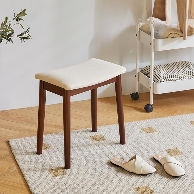 IBUYKE Vanity Stool with Saddle Cushion,Modern Foot Stool Ottoman Piano Bench,Foot Rest Stool with Solid Wood Legs, Small Upholstered Bench for Bedroom, Entryway,Beige,WBD007HM