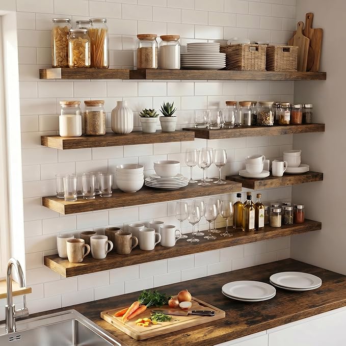 Venusmiles Floating Shelves for Wall, 24 Inch Floating Shelves Set of 2, 6.5" D Wooden Wall Mounted Display Shelves with Invisible Brackets for Living Room, Bedroom, Bathroom, Kitchen Decor, Brown