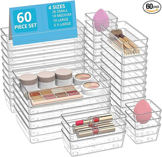 60 Pcs Makeup Drawer Organizer Set, 4 Sizes Versatile Bathroom and Vanity Drawer Organizer for Makeup, Non-Slip Desk Organizer Trays for Bedroom, Office, Fits Jewelry and Office Supplies
