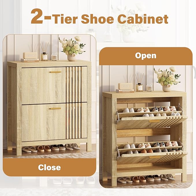 knoworld Shoe Storage Cabinet for Entryway with 2 Flip Drawers, 31.5" Narrow Fluted Shoe Organizer Cabinet, Slim Wooden Shoe Cabinet, Freestanding Hidden Shoe Cabinet for Entrance, Hallway (Natural)
