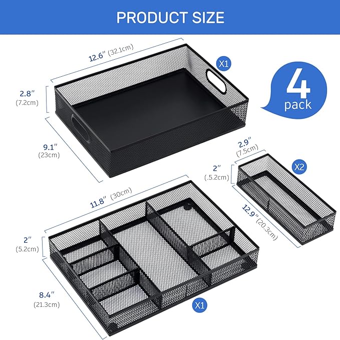 Neudeco Desk Drawer Organizer, 4 Pack Metal Mesh Drawer Organizer Set with Adjustable Dividers, Stackable Pen Organizer for Desk Drawer, Office Supplies Organizer, Black
