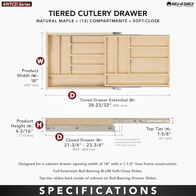 Rev-A-Shelf Maple Two-Tier Cutlery Replacement Drawer System w/BLUM Soft-Close for Face Frame Base Kitchen Cabinets, Kitchen Drawer Organizer, Min Opening Width of 18", 4WTCD-21HSC-1