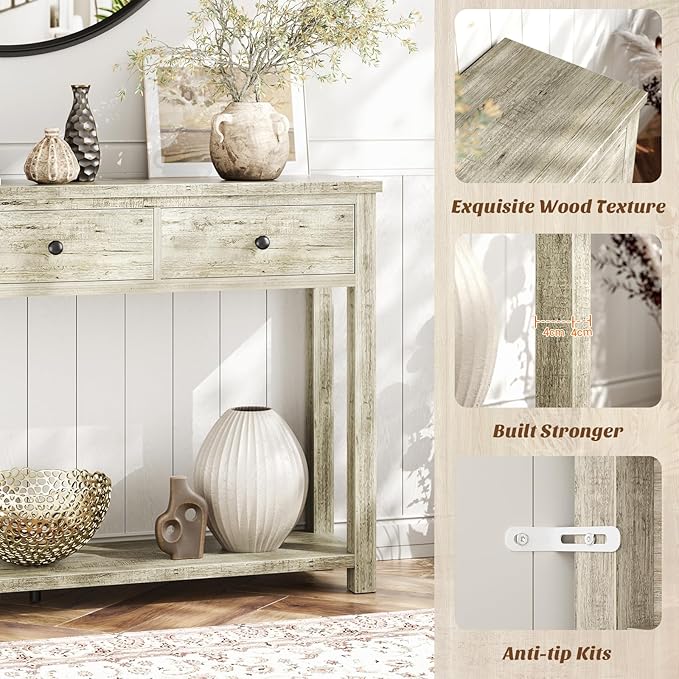Homieasy Farmhouse Console Table with 3 Drawers, 47 Inch Wood Sofa Table with Storage Shelf for Living Room, Behind Couch, Entryway Table for Hallway, Living Room, or Foyer, Light Rustic Oak