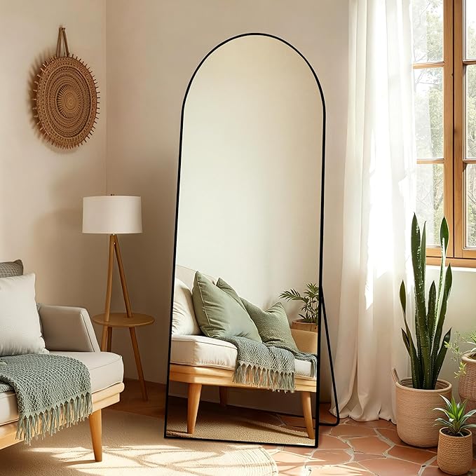 Arched Full Length Mirror 65"x24" - Floor Standing Body Mirror with Aluminum Frame,Leaning Hanging for Bedroom Cloakroom Living Room Black