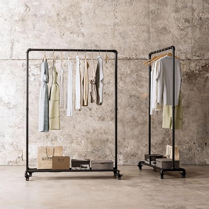 Industrial Pipe Clothing Rack with Wheels,Heavy Duty Rolling Garment Rack,Metal Clothes Rack with Bottom Storage Shelf,Mobile Clothing Rack for Hanging Clothes for Bedroom Laundry Room Boutique