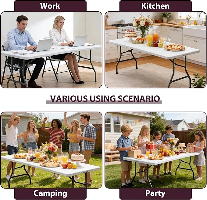 ZENY 8ft Portable Folding Table Plastic Indoor Outdoor Picnic Party Camp Dining Table with Handle, White
