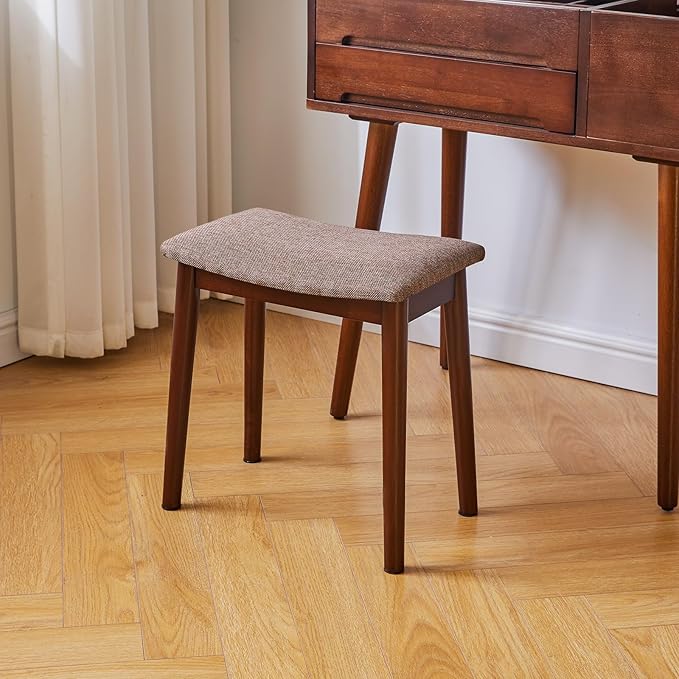 IBUYKE Saddle Cushion Vanity Stool Chair, Foot Rest Stool with Solid Wood Legs, Modern Vanity Bench Ottoman for Piano, Upholstered Seat for Bedroom, Entryway, Walnut Legs&Brown Linen WBD007HC