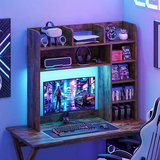 Tangkula Desktop Bookshelf with LED Lights, Desk Hutch with 8 Shelves for Max 25" Monitor, Desktop 5-Tier Display Rack, Multipurpose Wood Desktop Storage Hutch Organizer for Dorm Office Home