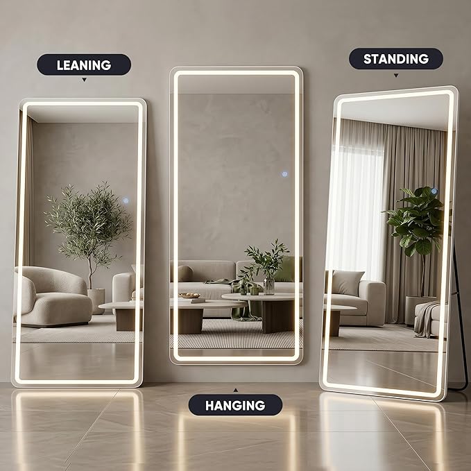 71"x32" Full Length Mirror with LED Lights, Dimmable Lighted Floor Mirror with 3 Color Lighting & Touch Control, Standing or Wall Mounted Full Body Mirror for Bedroom Dressing Room, White