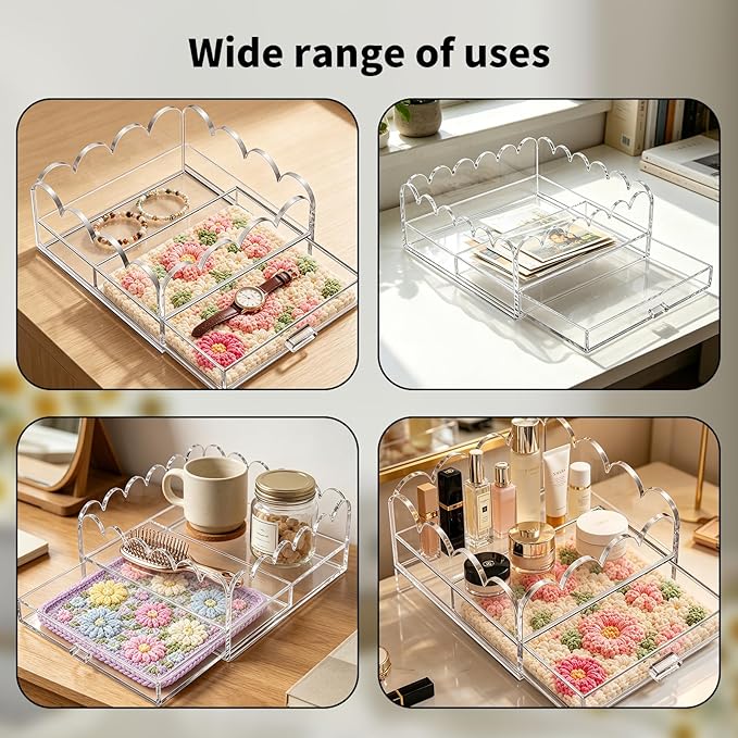 Scalloped Acrylic Tray, 9" x 9" Clear Acrylic Tray with Drawer for Needlepoint,Jewelry,Insert Photos, Art, Fabric, Napkin and Messages Display Basket, Decorative Tray Gift for Home Decor