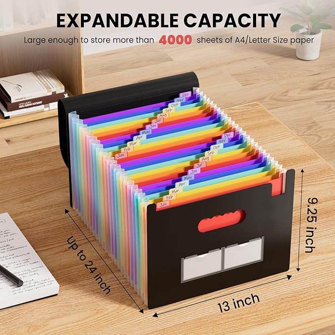 Sooez 24 Pockets Expanding File Folder with Blank Labels, According File Organizer with Expandable Cover, Desktop Accordion Folders Letter A4 Paper Document Storage Organizer, Blue