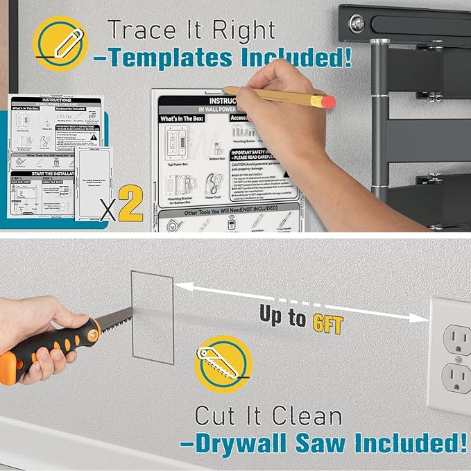 TV Cord Hider for Wall Mounted TV, in-Wall Cable Management Kit, Outlet Box– Dual Outlet Cord Hider with Power & Low Voltage Support, Includes Drywall Saw, Template & Extension Cable