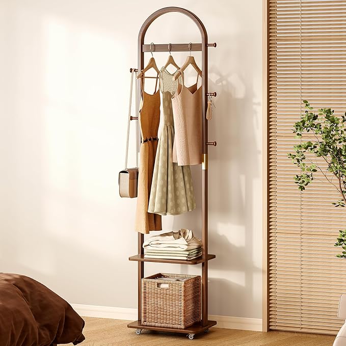 15.9" Narrow 3-in-1 Rolling Clothing Rack,Wooden Coat Rack with Wheels, 2 Shelves and 5 Hooks, Solid Rubber Wood Coat Rack with Shelves for Entryway, Bedroom, Living Room, Walnut