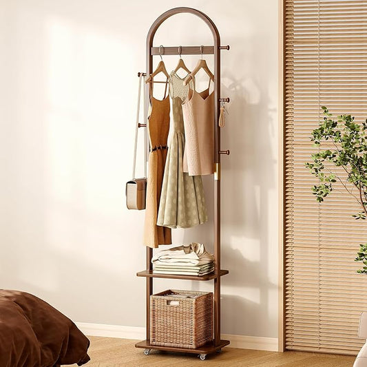15.9" Narrow 3-in-1 Rolling Clothing Rack,Wooden Coat Rack with Wheels, 2 Shelves and 5 Hooks, Solid Rubber Wood Coat Rack with Shelves for Entryway, Bedroom, Living Room, Walnut