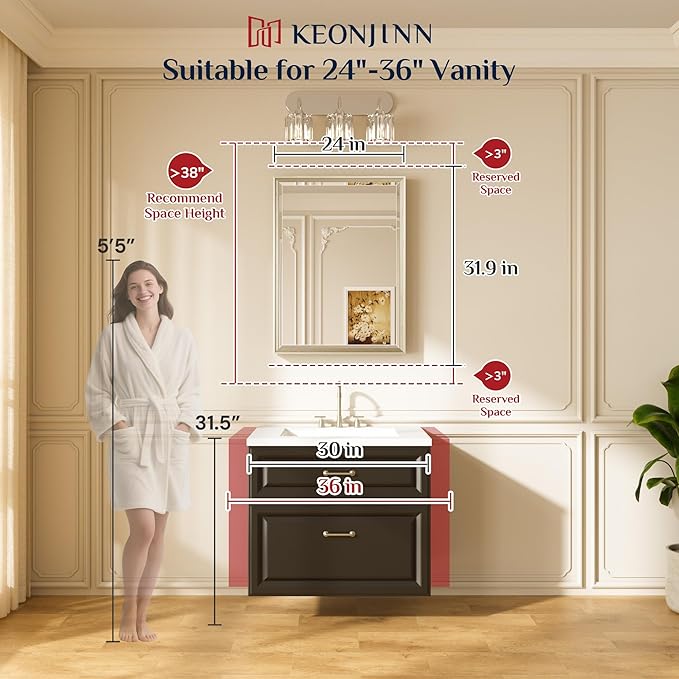 Keonjinn 24" x 32" Brushed Gold Bathroom Vanity Mirror, Aluminum Alloy Frame, Beveled Tempered Glass, Shatterproof, Rectangular, French Cleat Wall-Mounted Mirror for Decoration, Entryway, Hallway