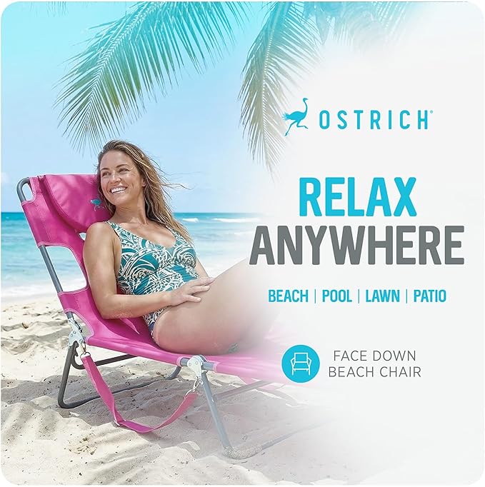 Ostrich the Original Chaise 72 x 22 Inch Lounge Portable Reclining Lounger, Outdoor Patio, Beach, Lawn, Camping, or Pool Tanning Chair, Pink
