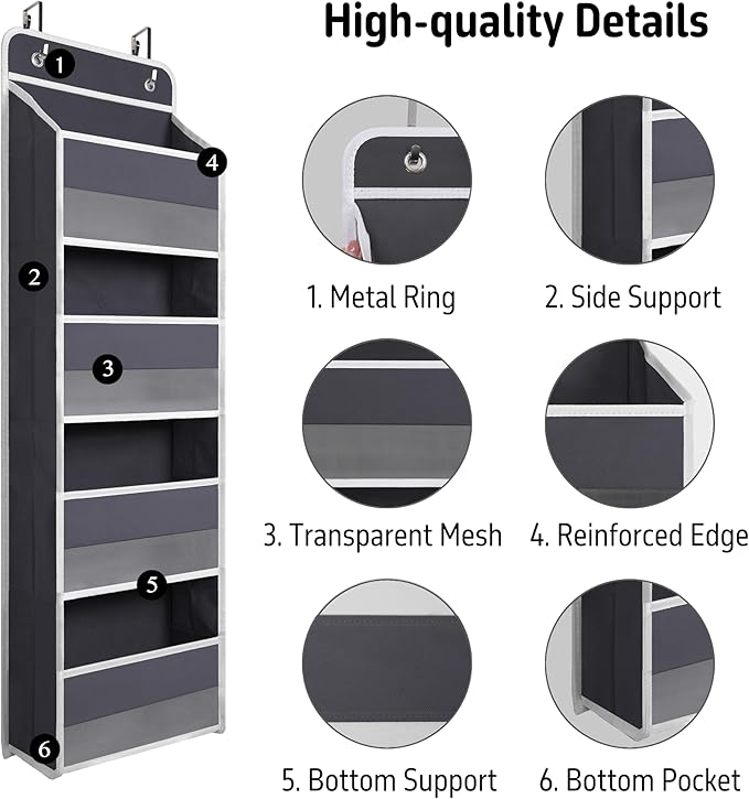 Giraffe Creation Compact Gray Over Door Organizer with 4 Large Clear Pockets, Compact Hanging Door Storage for Closet, Bathroom, Bedroom, Dorm, Nursery Essentials