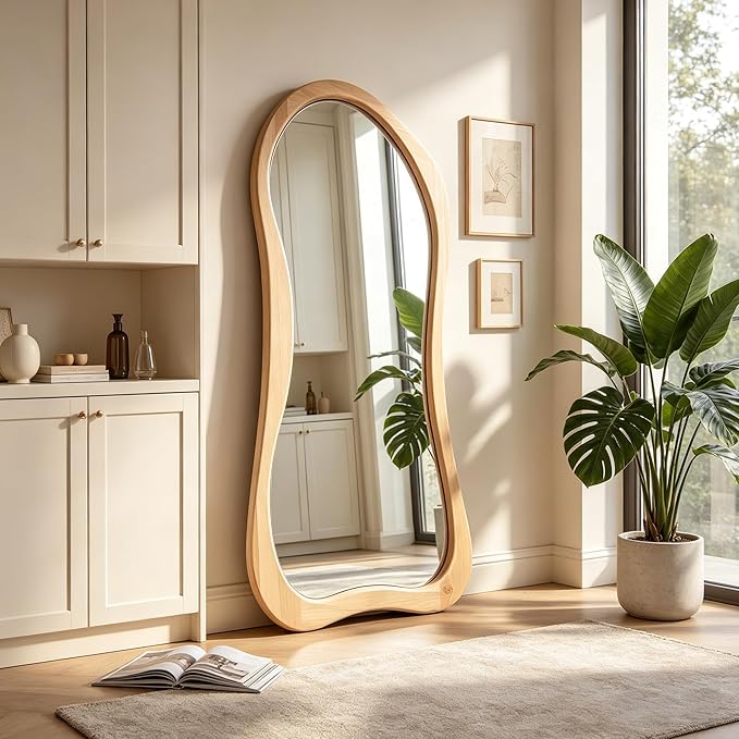 Large Irregular Mirror, 63"x30" Asymmetrical Aesthetic Mirrors with Solid Wood Frame, Organic Shape Floor Mirror for Living Room Entryway Hallway Bedroom Cloakroom, Leaning/Hanging