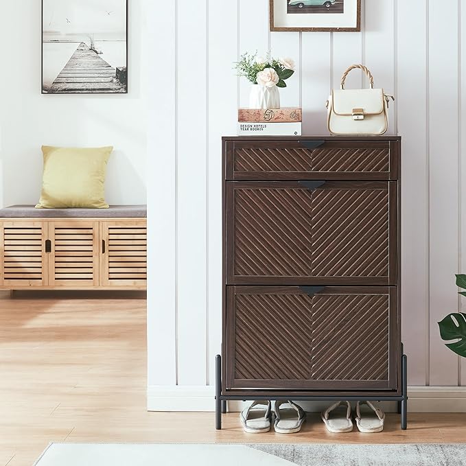 Shoe Cabinet Storage with 2 Flip Drawers, Narrow Hidden Shoes Organizer Cabinet for Entryway, Freestanding Slim Shoe Rack Front Door Entrance(Brown)