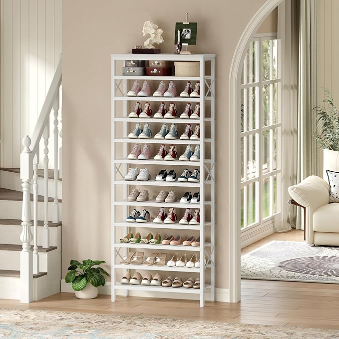 YATINEY 12-Tier Tall Shoe Rack Organizer, Wooden Shoe Storage for Closet Holds 48 Pairs, Sturdy Shoe Shelf with X-Shaped Metal Support, for Entryway, Bedroom, White SS212WW