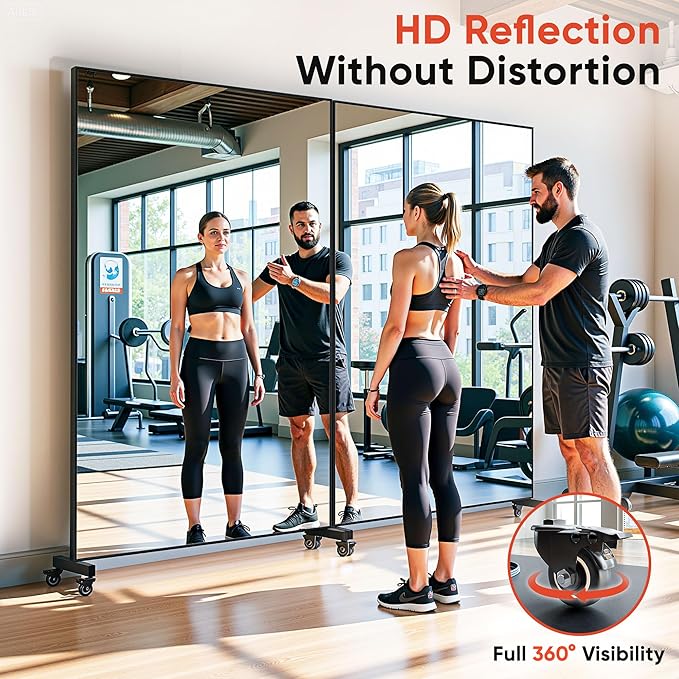 Suidia 72"x40" Extra Large Full Length Mirror on Wheels, 360° Swivel Rolling Mirror Floor, HD Tempered Glass Full Body Standing Mirrors for Home Gym, Yoga, Dance Studio, Bedroom, Rectangular, Black