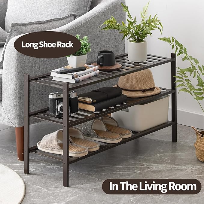 Long Shoe Rack, 3-Tier Bamboo Stackable Shoe Shelf Storage Organizer, Shoe Stand for Closet, Entryway and Hallway