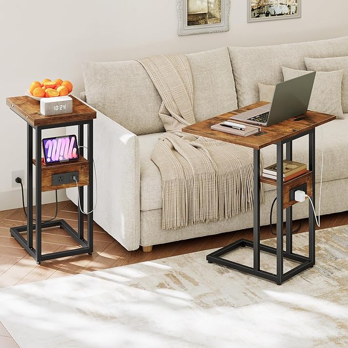 HOOBRO Foldable End Table, C Shaped Side Table with Charging Station, Sofa Couch Table that Slide Under for Living Room Bedroom Small Spaces, Easy Assembly, Rustic Brown and Black BF29USF01